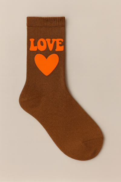 Love and Power 35-41 - Braune Socke mit Love und Herz Orange
